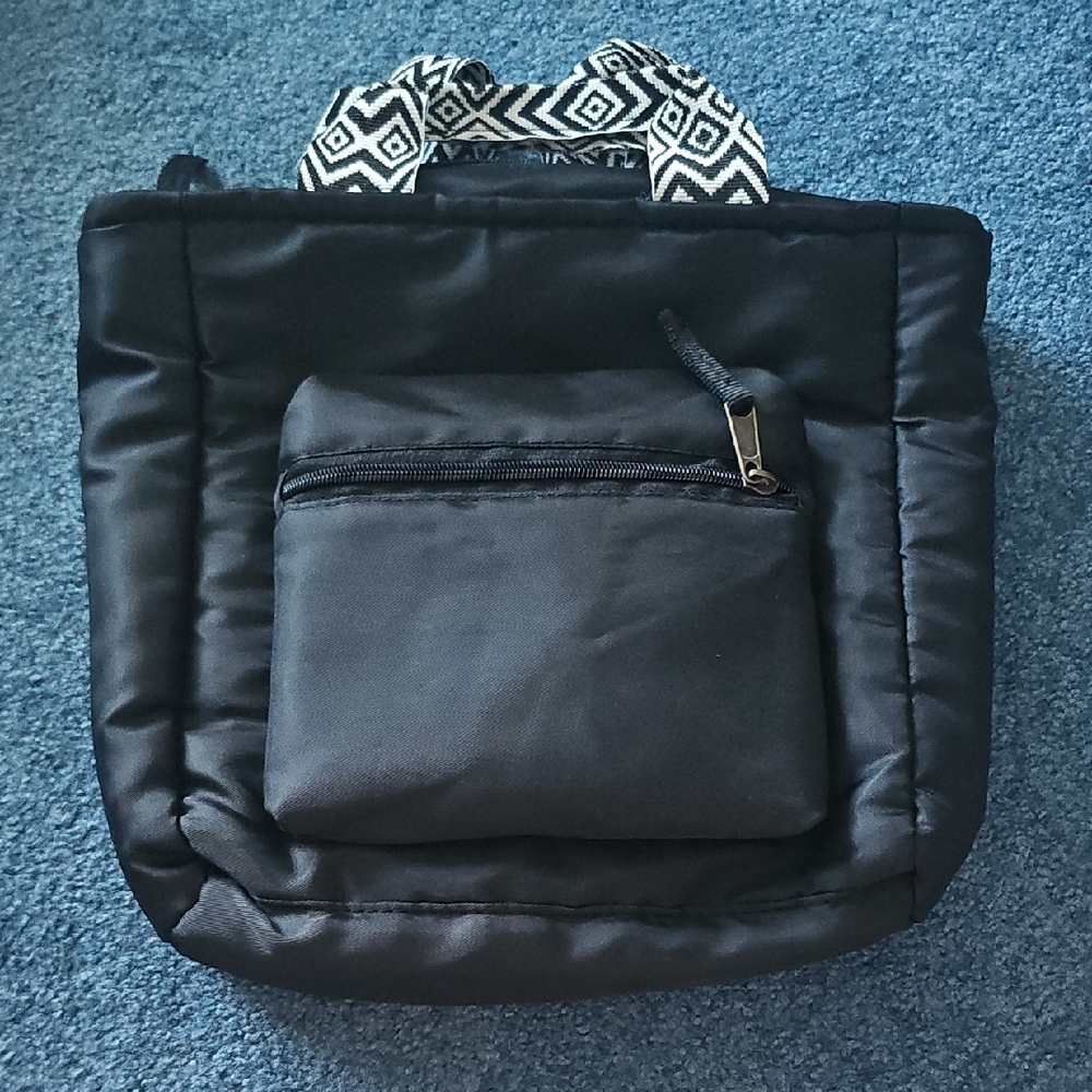 Black Tote Bag with Patterned Handles